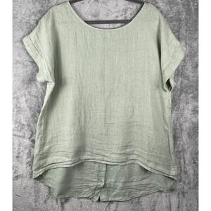 Terzo Millennio Womens Medium Sage Green 100% Linen Tunic Top Blouse Button Back
